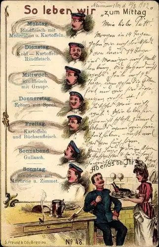 Ak So leben wir zum Mittag, Wochentage, Essensplan, Soldatenleben
