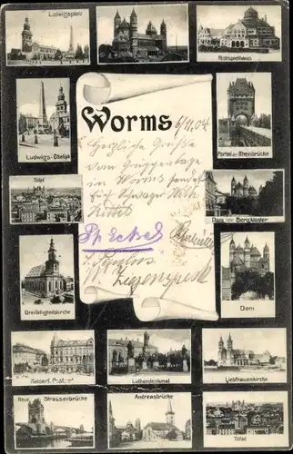 Ak Worms am Rhein, Rheinbrücke, Liebfrauenkirche, Lutherdenkmal, Andreasbrücke, Ludwigsplatz