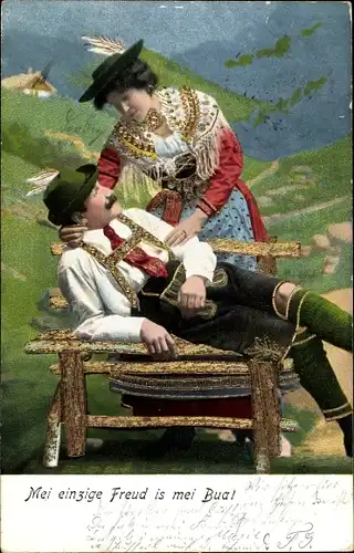 Ak Mei einzige Freud is mei Bua, Paar in bayrischen Trachten