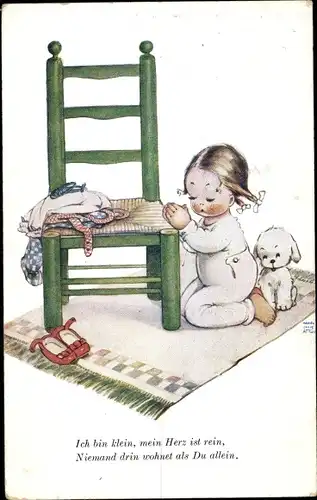 Künstler Ak Attwell, Mabel Lucy, Mädchen beim Gebet, Hund
