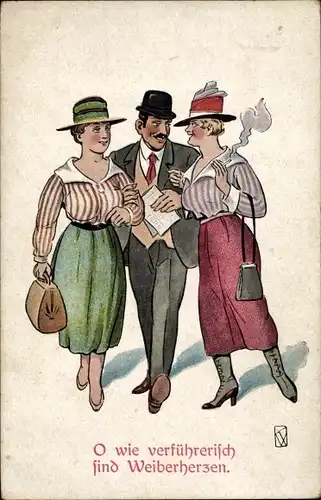 Künstler Ak O wie verführerisch sind Weiberherzen, Mann mit zwei Frauen am Arm