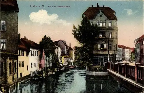 Ak Halle Saale, Wohnviertel am Ufer mit Drogerie, Saale