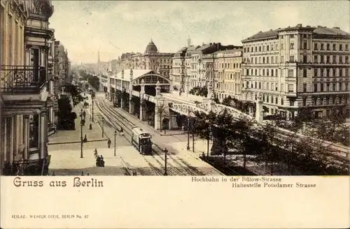 Ak Berlin Schöneberg, Hochbahn in der Bülowstraße, Haltestelle Potsdamer Straße, Straßenbahn