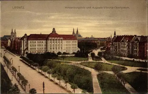 Ak Legnica Liegnitz Schlesien, Hindenburgplatz, Auguste Viktoria Oberlyzeum