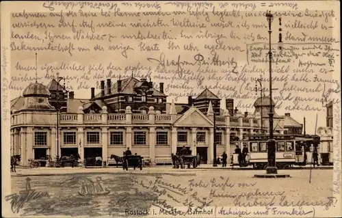 Ak Rostock in Mecklenburg, Bahnhof, Straßenseite, Straßenbahn