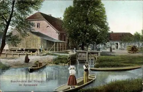 Ak Straupitz im Spreewald, Buschmühle, Spreewaldkahn, Mädchen in Tracht