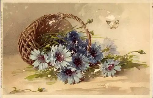 Künstler Litho Klein, Catharina, Blumen in einem Weidenkorb, Schmetterling, Meissner & Buch 1286