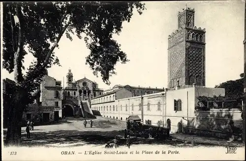 Ak Oran Algerien, L'Eglise Saint Louis, Place de la Perle