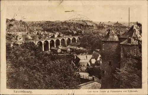 Ak Luxemburg Luxembourg, Les trois Tours et Panorama ver Clausen