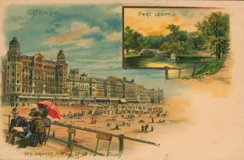 Glitzer Litho Oostende Ostende Westflandern, Parc Leopold, Les Grands Hotels, Strand
