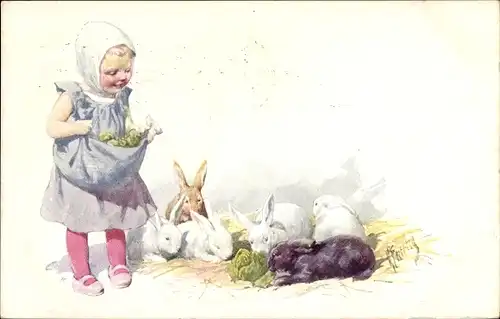 Künstler Ak Feiertag, Karl, Leckerbissen, Mädchen füttert Hasen, Kaninchen, BKWI 253/3