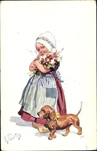 Künstler Ak Feiertag, Karl, Niederländische Tracht, Dackel