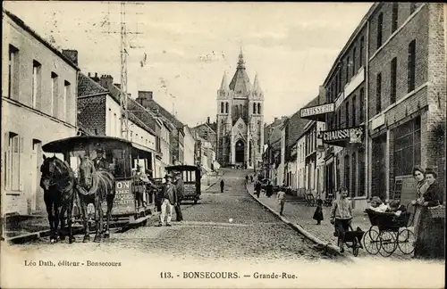 Ak Bon Secours Bonsecours Péruwelz Hennegau, Grande Rue, Pferdebahn