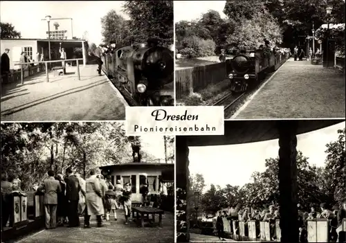 Ak Dresden, Großer Garten, Pioniereisenbahn, Dampflokomotive, Bahnhof Frohe Zukunft, Fahrgäste