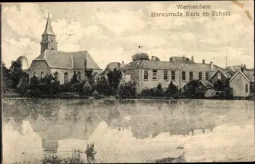Ak Werkendam Nordbrabant, Hervormde Kerk en School