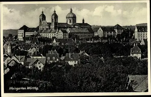 Ak Weingarten Württemberg, Blick über die Dächer auf die Kirche