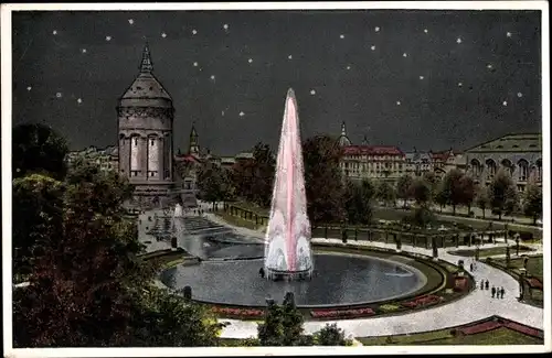 Ak Mannheim in Baden, Leuchtfontäne am Wasserturm, bei Nacht