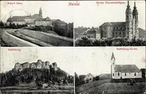 Ak Bad Staffelstein am Main Oberfranken, Staffelberg Kirche, Schloss Banz, Kirche Vierzehnheiligen