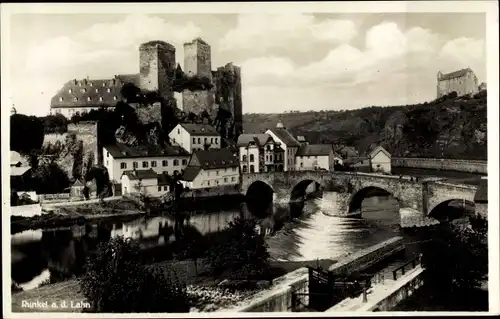 Ak Runkel an der Lahn, Blick zur Burg, Brücke