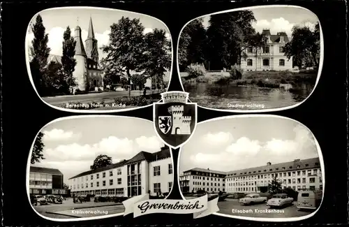 Ak Grevenbroich in Westfalen, Stadtverwaltung, Elisabeth Krankenhaus, Kreisverwaltung, Wappen