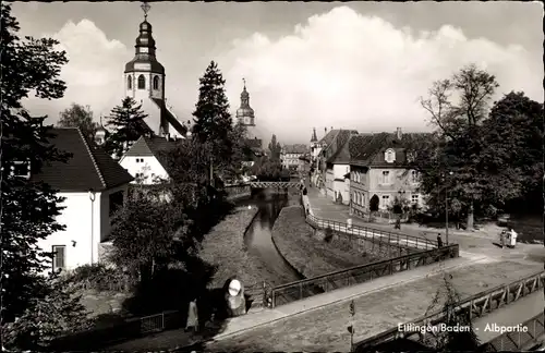 Ak Ettlingen in Baden, Albpartie, Brücke, Kirchturm