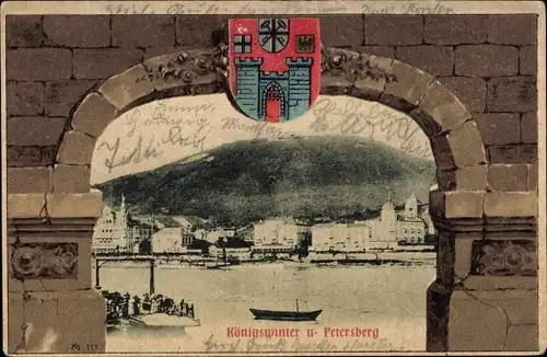 Passepartout Ak Königswinter am Rhein, Durchblick auf Ort und Petersberg, Wappen