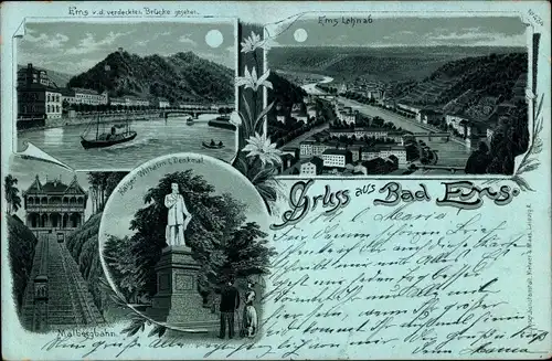 Mondschein Litho Bad Ems, Malbergbahn, Lahn, Kaiser Wilhelm Denkmal