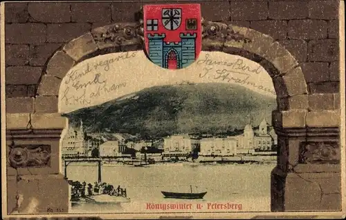 Passepartout Ak Königswinter am Rhein, Durchblick auf Ort und Petersberg, Wappen