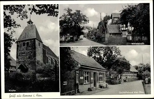 Ak Kemme Schellerten in Niedersachsen, Kirche, Mittelstraße, Geschäftshaus Karl Step