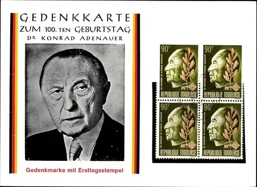 Ak Bundeskanzler Konrad Adenauer, 100. Geburtstag, Gedenkmarke Republique Togolaise, Ersttagsstempel