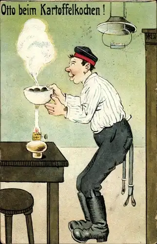 Ak Otto beim Kartoffelkochen, Lampe