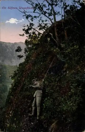 Ak Ein kühnes Wagestück, deutscher Soldat mit Gewehr, abgeseilt, 1. WK