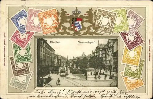 Briefmarken Wappen Litho Königreich Bayern, München, Promenadeplatz