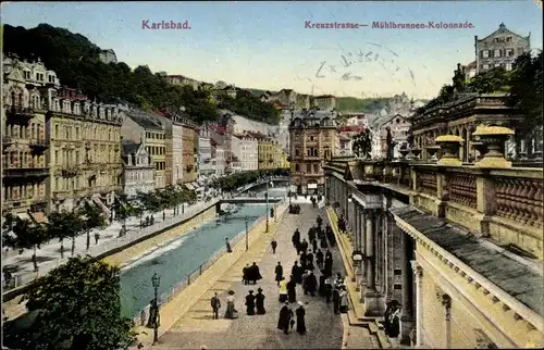 Ak Karlovy Vary Karlsbad Stadt, Kreuzstraße, Mühlbrunnen-Kolonnade