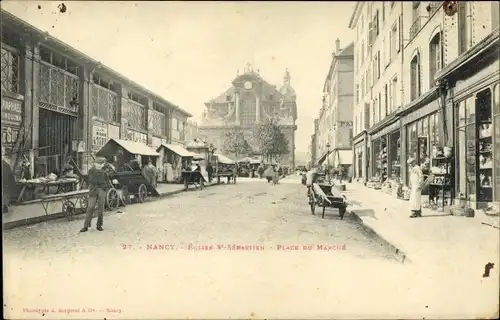 Ak Nancy Meurthe et Moselle, Eglise St. Sebastien, Place du Marche