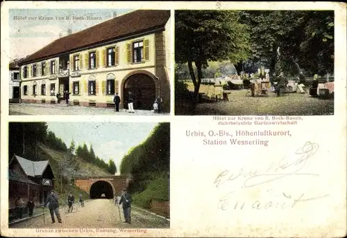 Ak Urbes Wesserling Elsass Haut Rhin, Hotel zur Krone, Gartenwirtschaft, Grenze