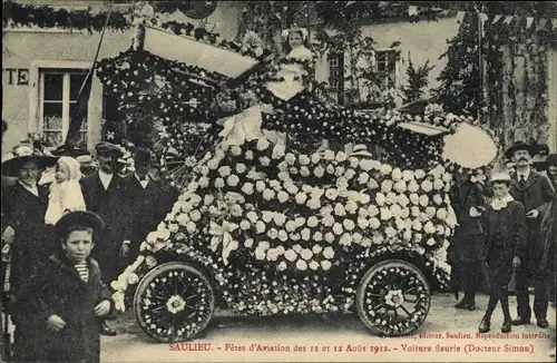 Ak Saulieu Cote d'Or, Fetes d'Aviation 1912, Voiture fleurie