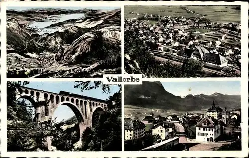 Ak Vallorbe Kt. Waadt Schweiz, Ortschaft mit Landschaftsblick, Eisenbahnbrücke