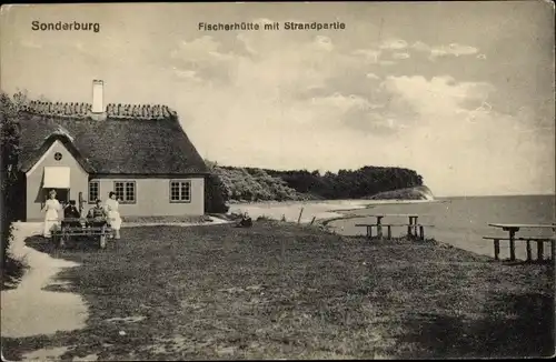 Ak Sønderborg Sonderburg Dänemark, Fischerhütte und Strandpartie