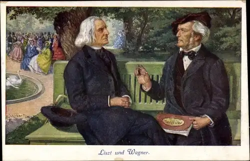 Ak Komponisten Liszt und Wagner, Parkanlagen