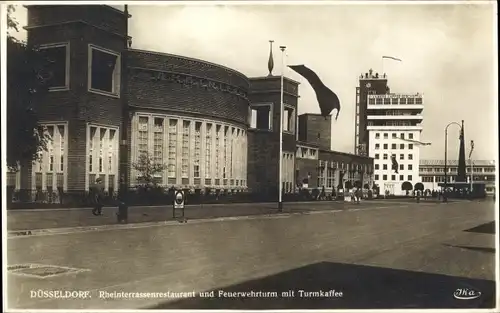 Ak Düsseldorf am Rhein, Rheinterrassenrestaurant und Feuerwehrturm mit Turmkaffee