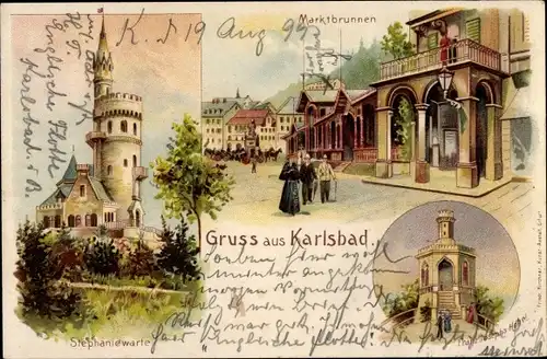 Litho Karlovy Vary Karlsbad Stadt, Stephaniewarte, Marktbrunnen, Franz Josephs Höhe