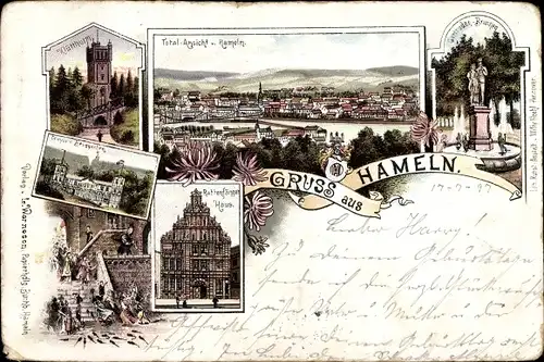 Litho Hameln an der Weser Niedersachsen, Rattenfänger-Haus, Denkmal