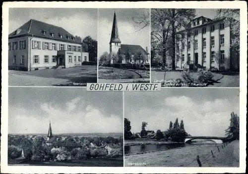 Ak Gohfeld Löhne in Westfalen, Kirche, Brücke, Fluss, Sparkasse