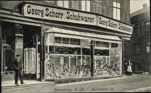 Ak Sonneberg in Thüringen, Schuhwarengeschäft Georg Schorr, Bernhardstraße 15, Schaufenster
