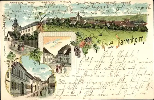 Litho Partenheim in Rheinhessen, Kirche, Schloss, Schulhaus, Ortsstraße, Panorama