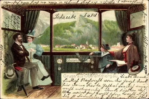 Litho Oberammergau in Oberbayern, Blick aus dem Bahncoupé, Passagiere, Bahnabteil