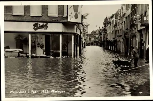 Ak Vlissingen Zeeland Niederlande, Watervloed 1953, überschwemmte Straßen