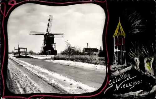 Passepartout Ak Niederlande, Windmühle, Winteransicht, Gelukkig Nieuwjaar