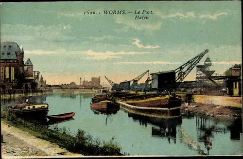 Ak Worms am Rhein, Hafen, Schiffe